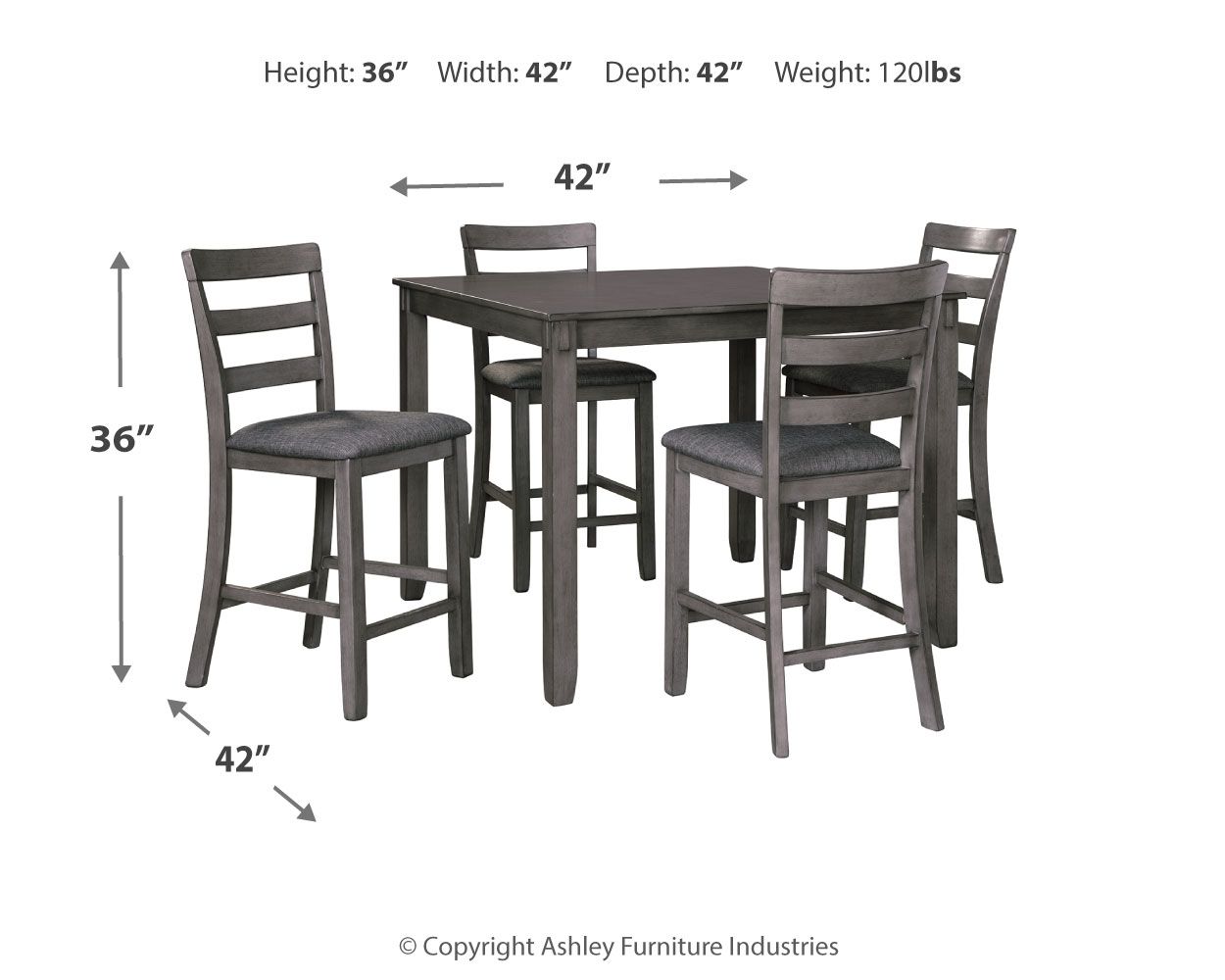 Gray square counter table set with four stools, shown with dimension diagram.