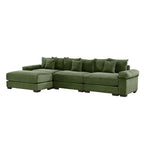 Green sectional sofa with left chaise ottoman and row of back bolster pillows