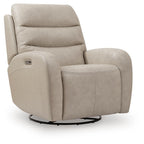 Power recliner swivel glider chair in light beige fabric, with arm control panel