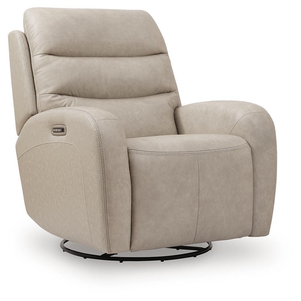 Power recliner swivel glider chair in light beige fabric, with arm control panel