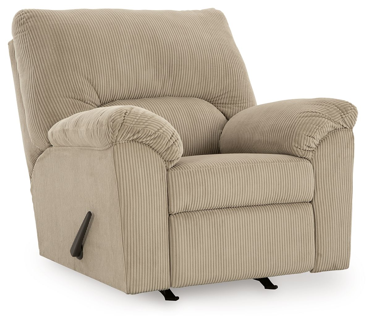 Sand striped rocker recliner chair with padded arms, cushioned seat, and pull handle