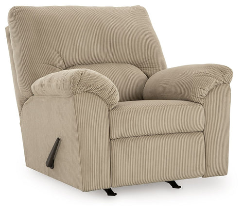 Sand striped rocker recliner chair with padded arms, cushioned seat, and pull handle