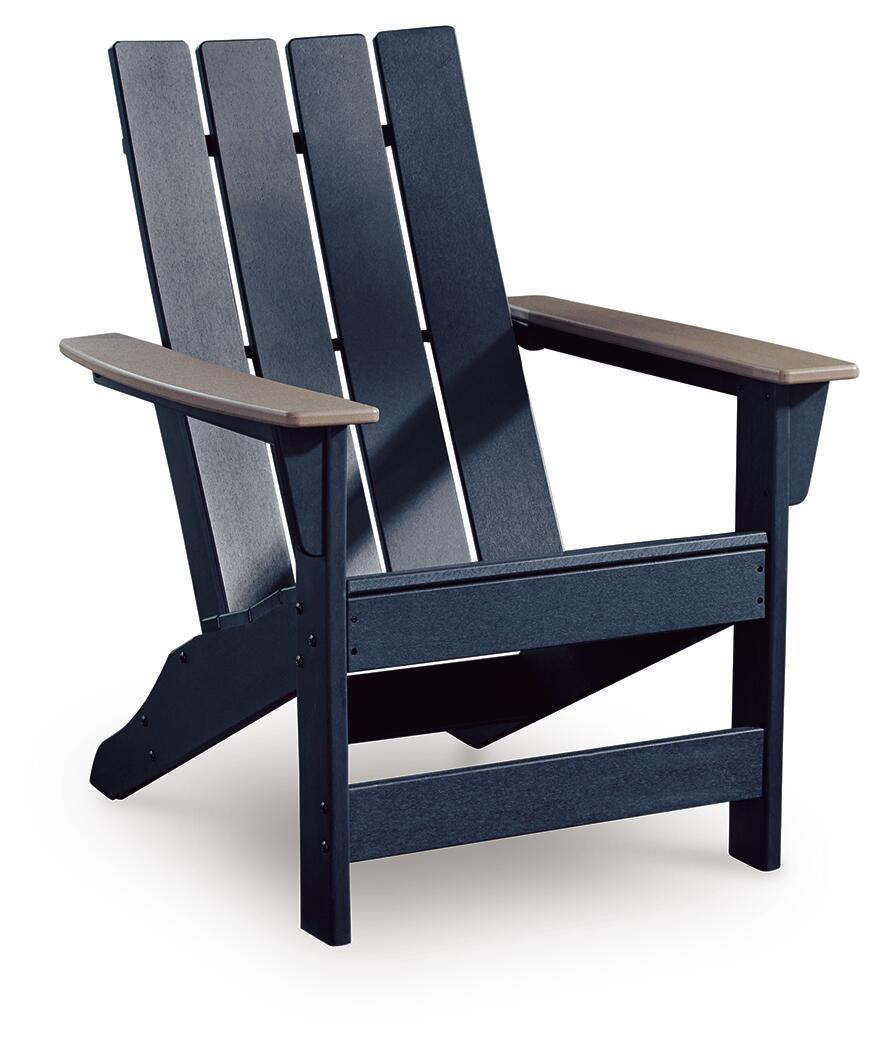 Adirondack chair with dark frame, blue slatted seat and back, beige armrests