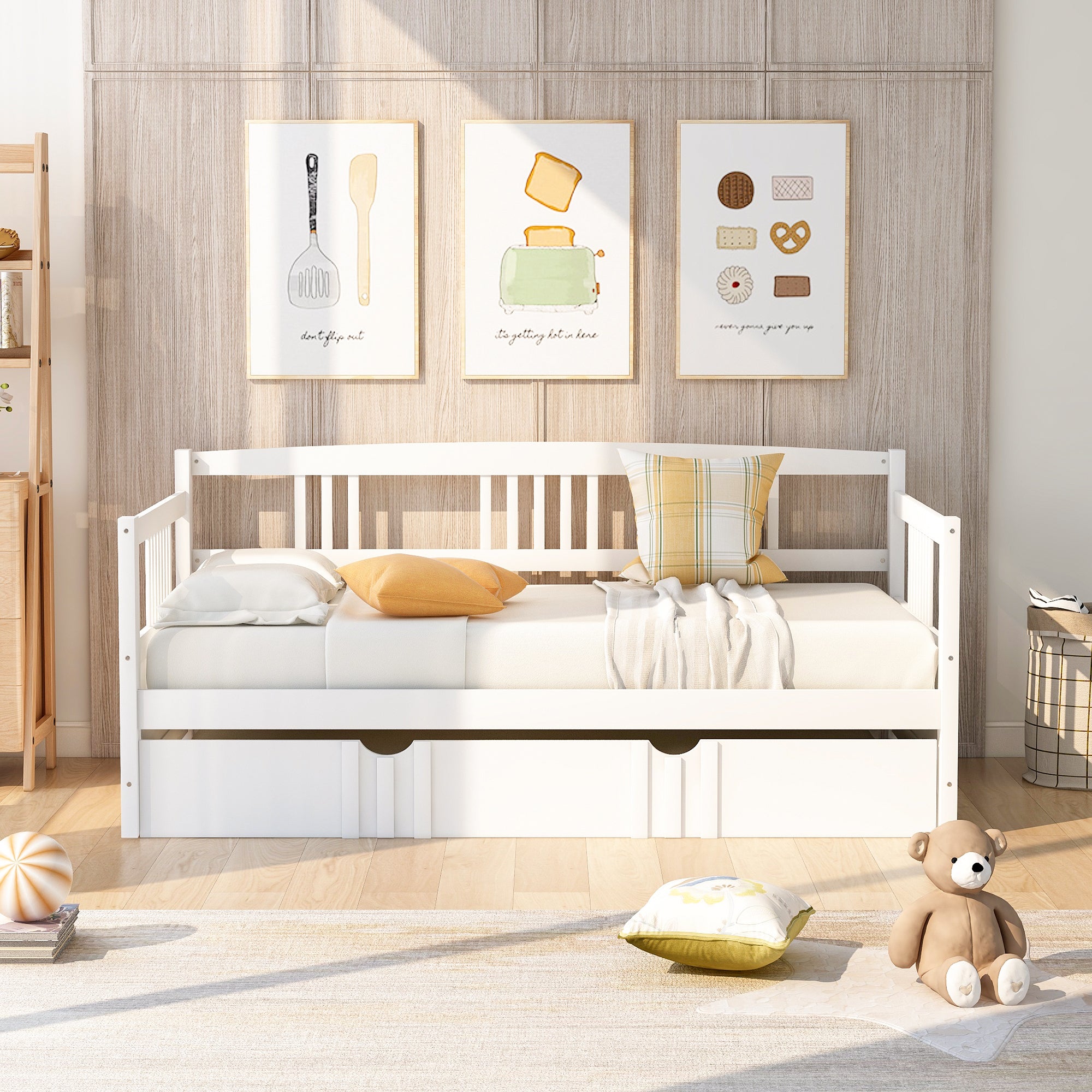 White Twin Wood Daybed with Trundle Bed - Space-Saving Design
