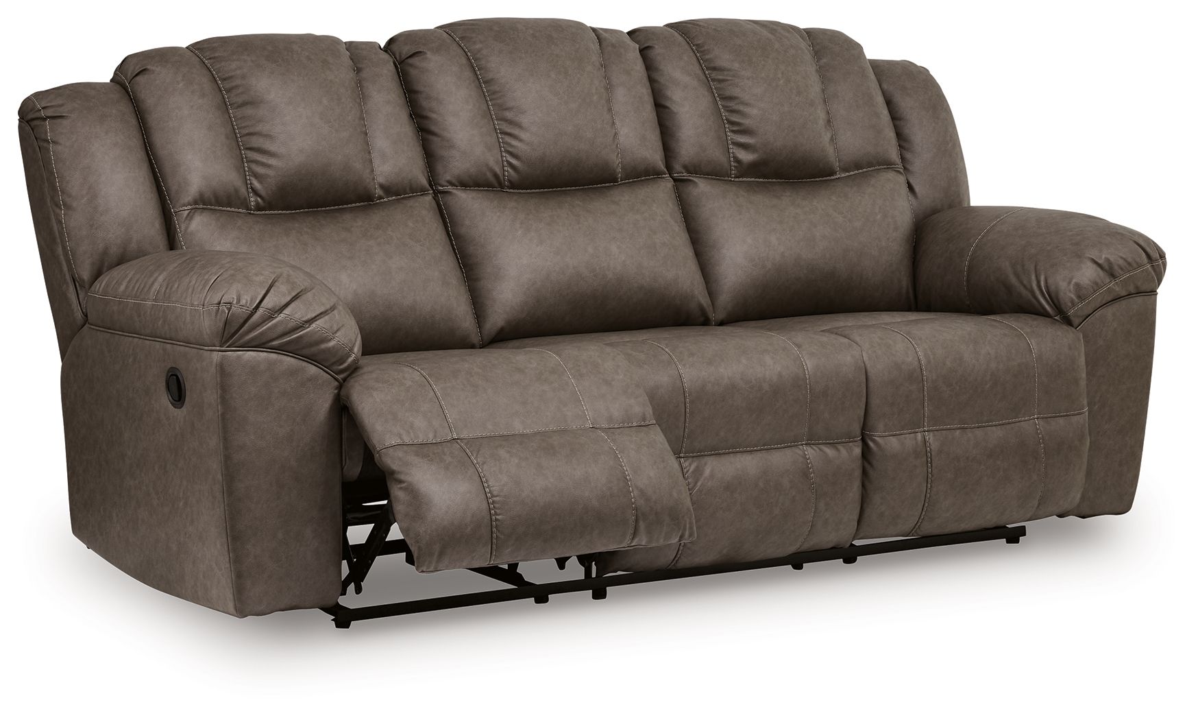Reclining sofa with tufted back cushions, padded armrests, visible reclining base