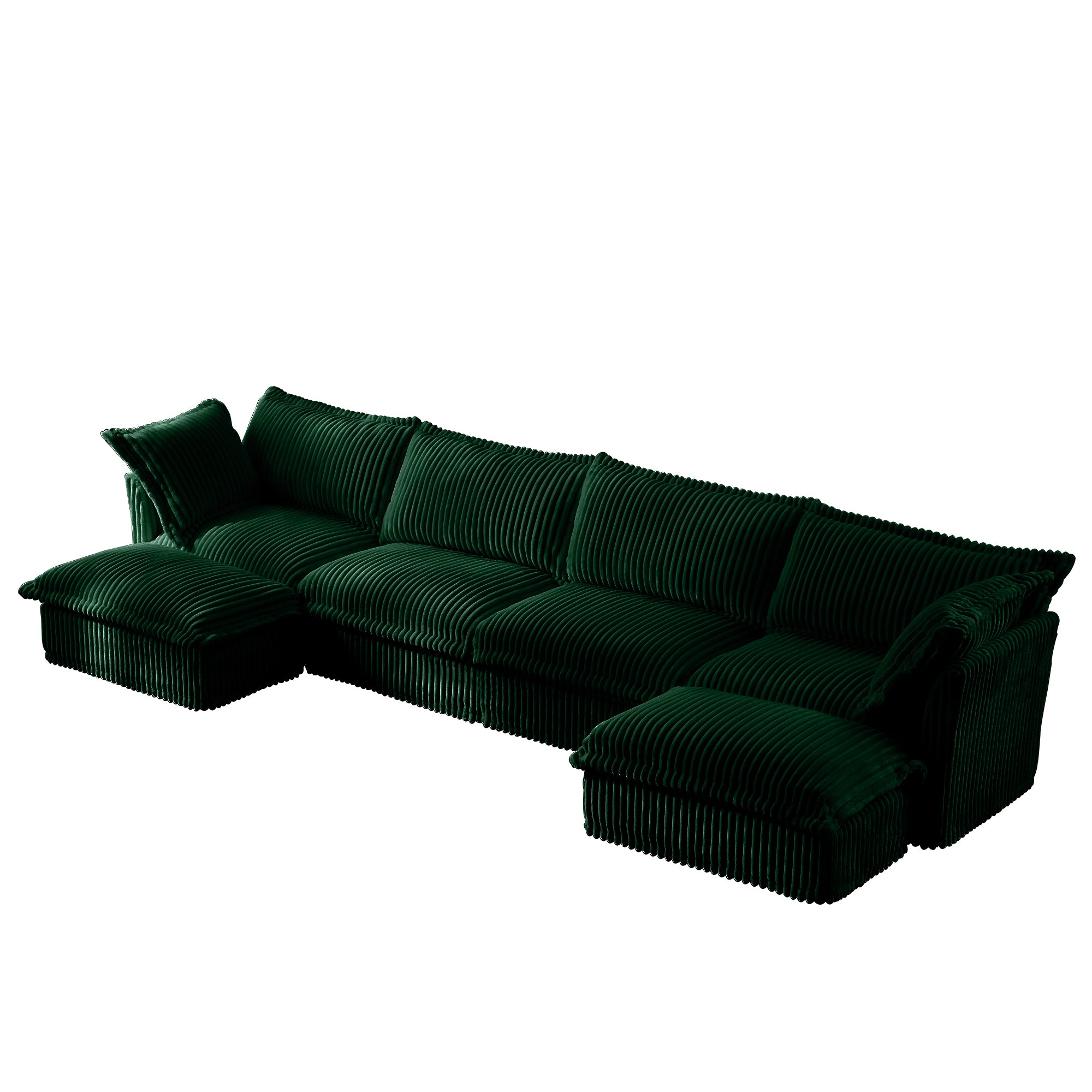Green U-shape sectional sofa with chaise-style ottoman and ribbed throw cushions