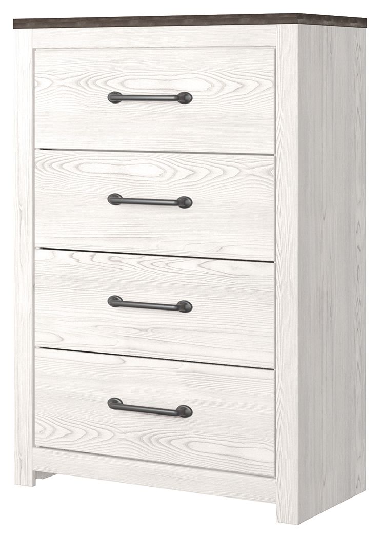 Four-drawer chest front in white wood with dark bar handles and dark top trim.