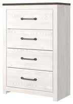 Four-drawer chest front in white wood with dark bar handles and dark top trim.