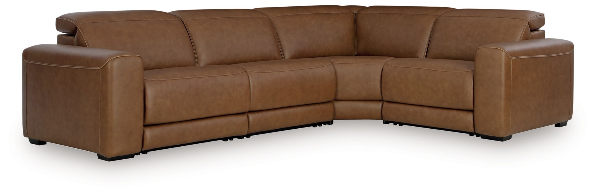 Caramel reclining sectional sofa with chaise corner and boxy seat design