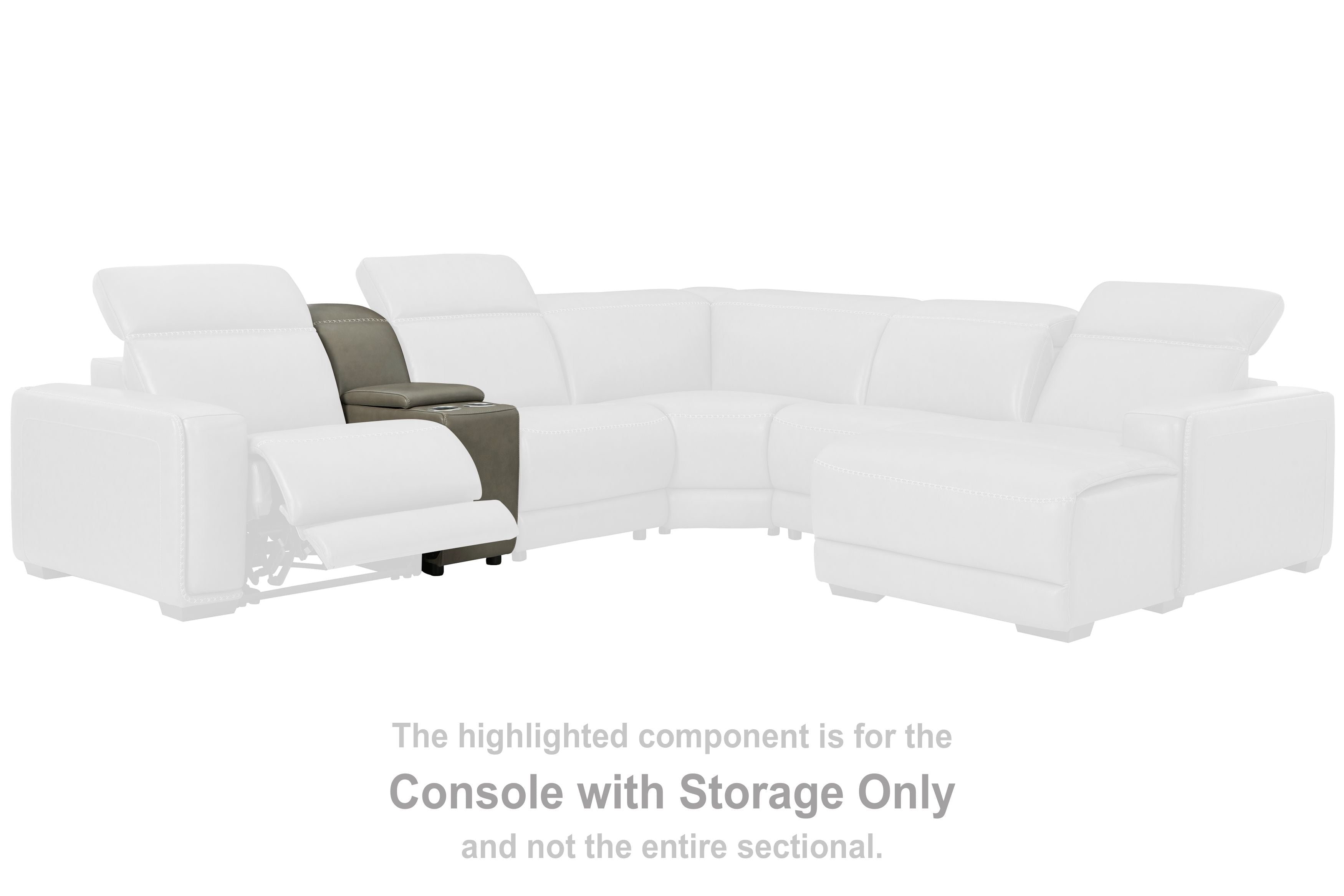 Gray console with storage section, shown as a highlighted upholstered chair component.