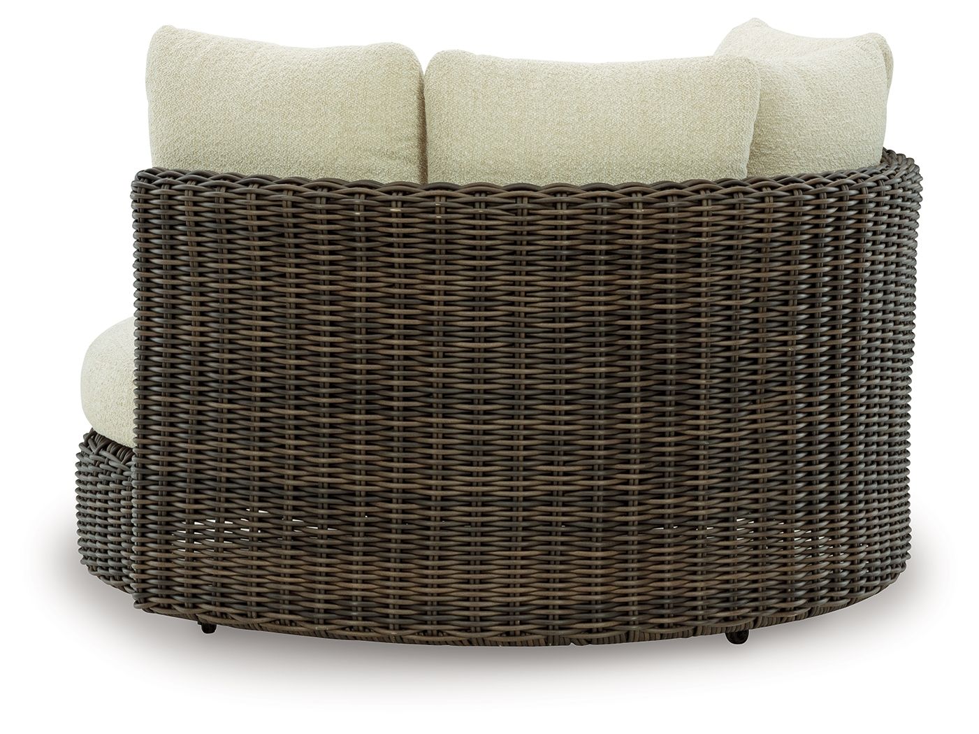 Swivel lounge chair with cushion, dark brown woven wicker with beige back and seat pillows