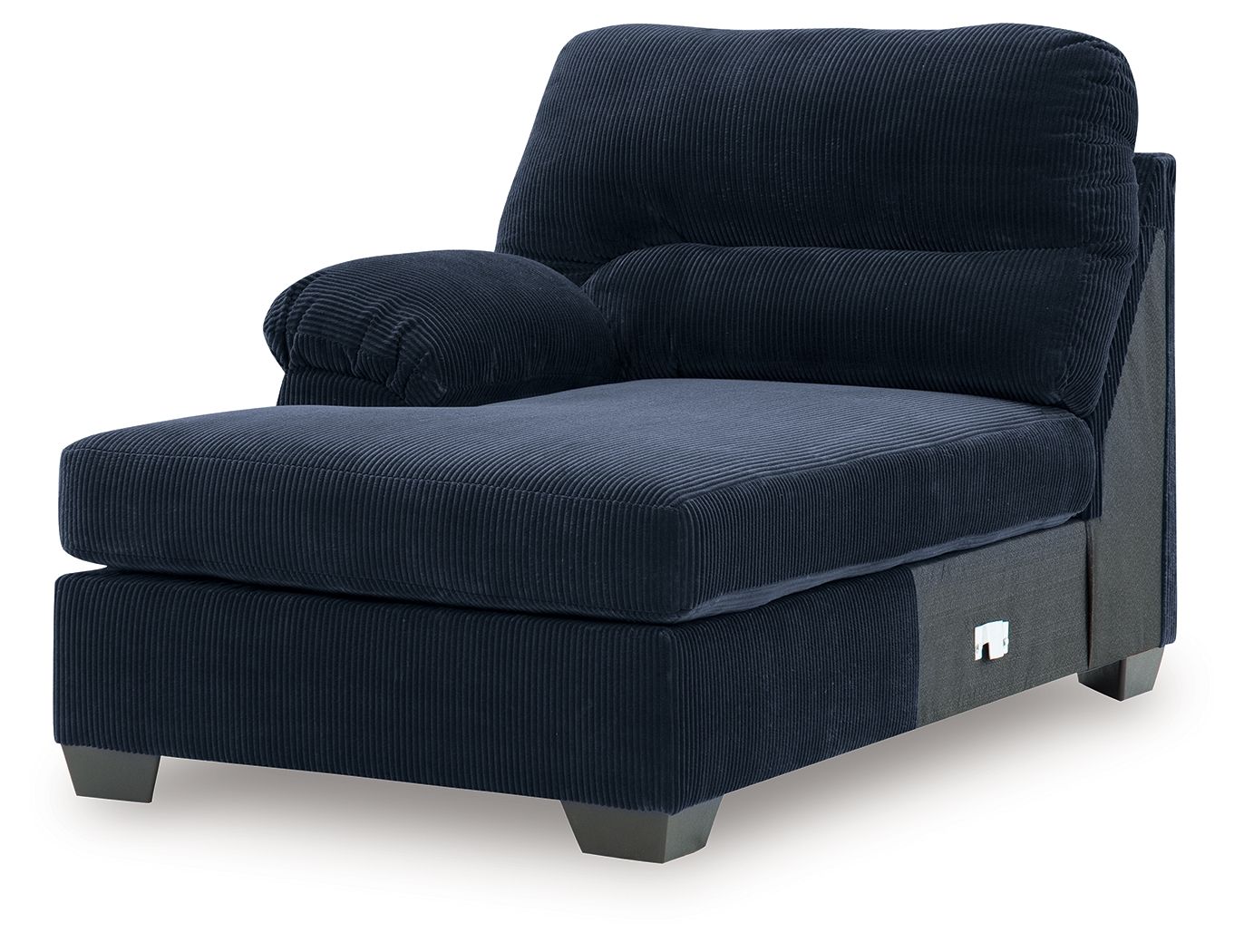 Navy corner chaise with thick backrest, rounded arm, and low legs