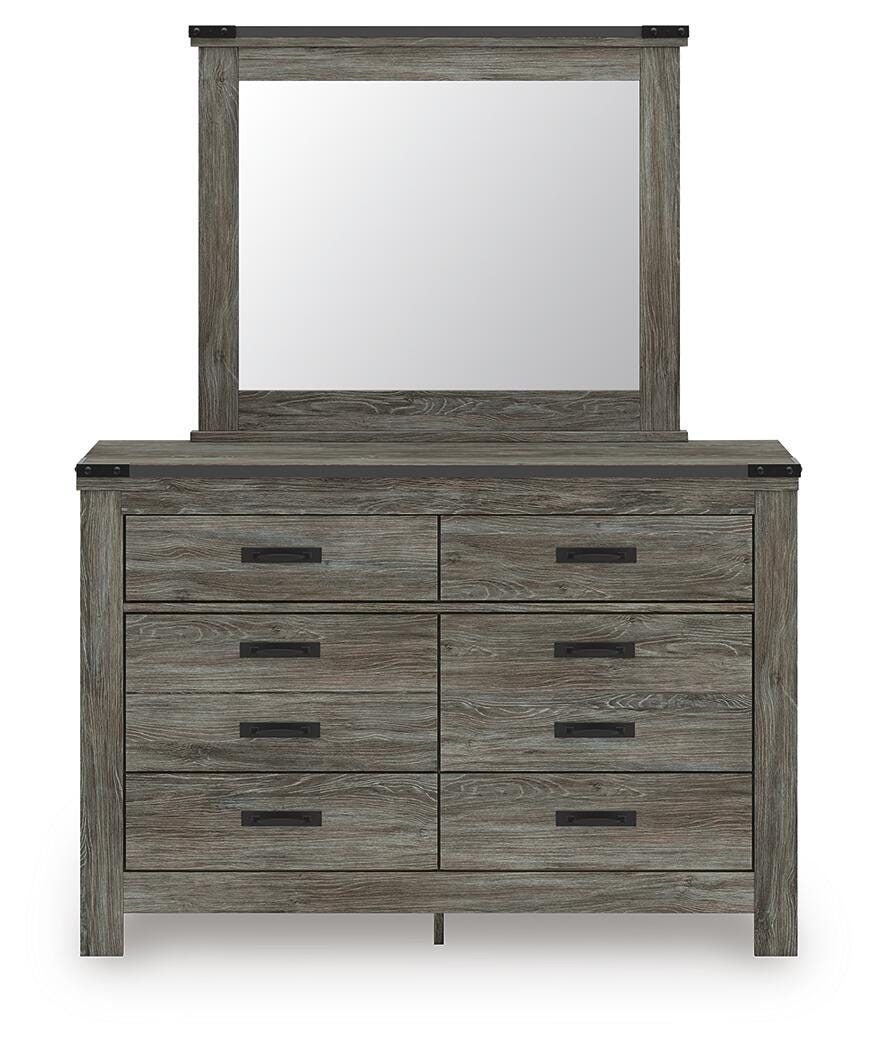 Gray six-drawer dresser with mirror, wood finish and black drawer pulls