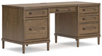 Brown home office desk with two drawer pedestals and wide tabletop