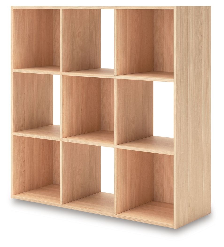 Light wood cube organizer with open cubby shelves and evenly spaced vertical dividers