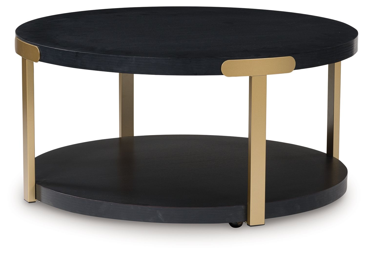 Round black occasional side table with brass-finish legs and lower shelf
