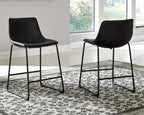 Upholstered bar stool set of 2 with black seats and black metal frames on patterned rug