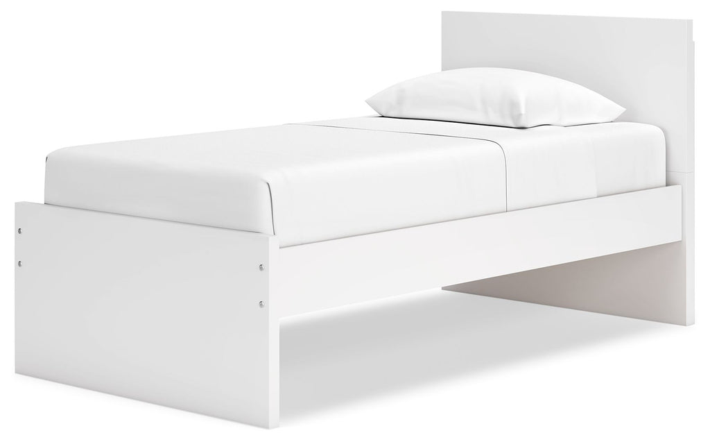 White panel platform bed with curved headboard and low side rails