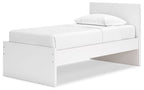 White panel platform bed with curved headboard and low side rails