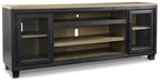 Black TV stand with two side cabinet doors and open shelving with dark top and base