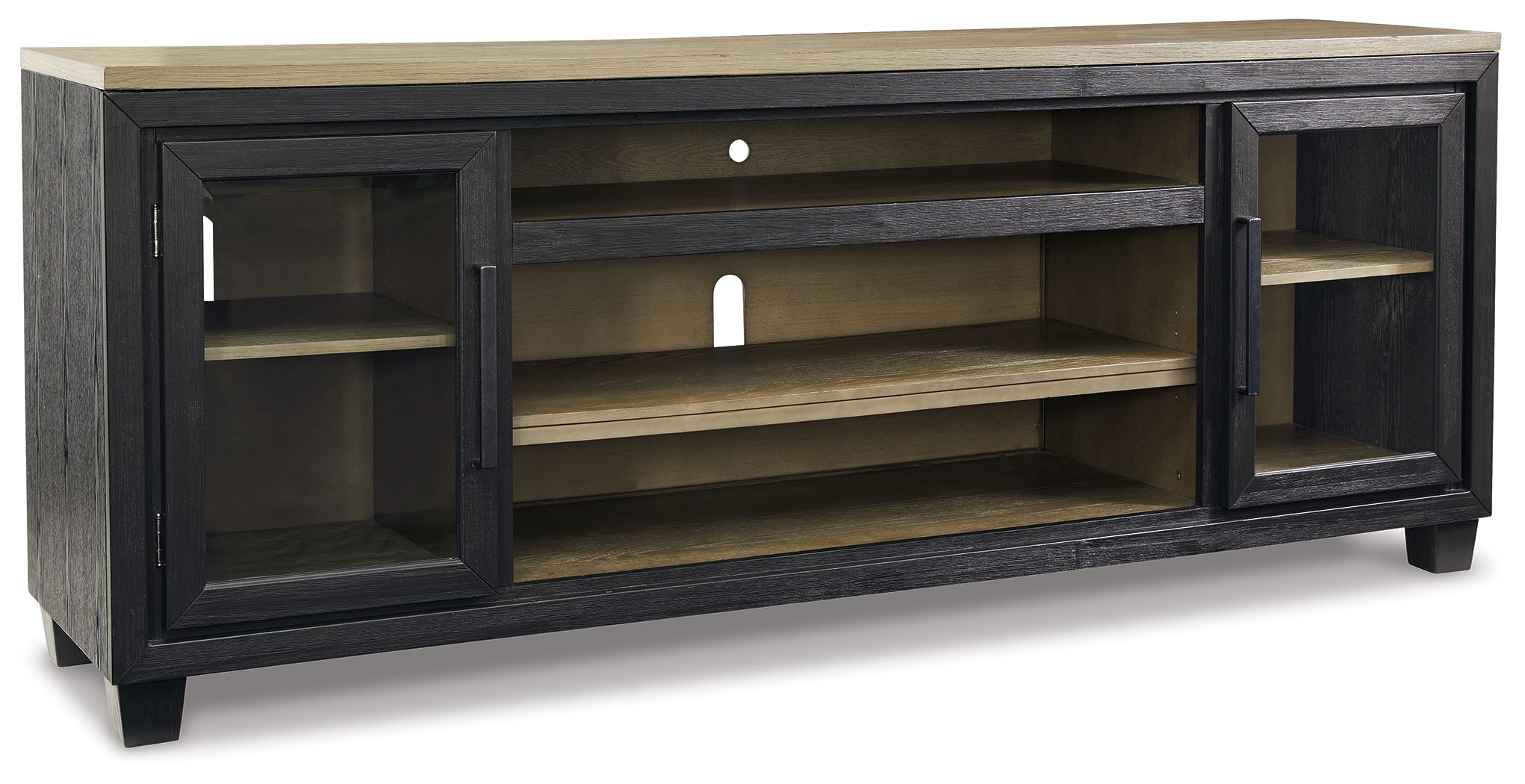Black TV stand with two side cabinet doors and open shelving with dark top and base