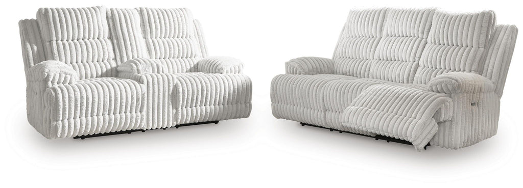 Power reclining sofa and loveseat set in light gray striped fabric with padded arms