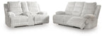 Power reclining sofa and loveseat set in light gray striped fabric with padded arms