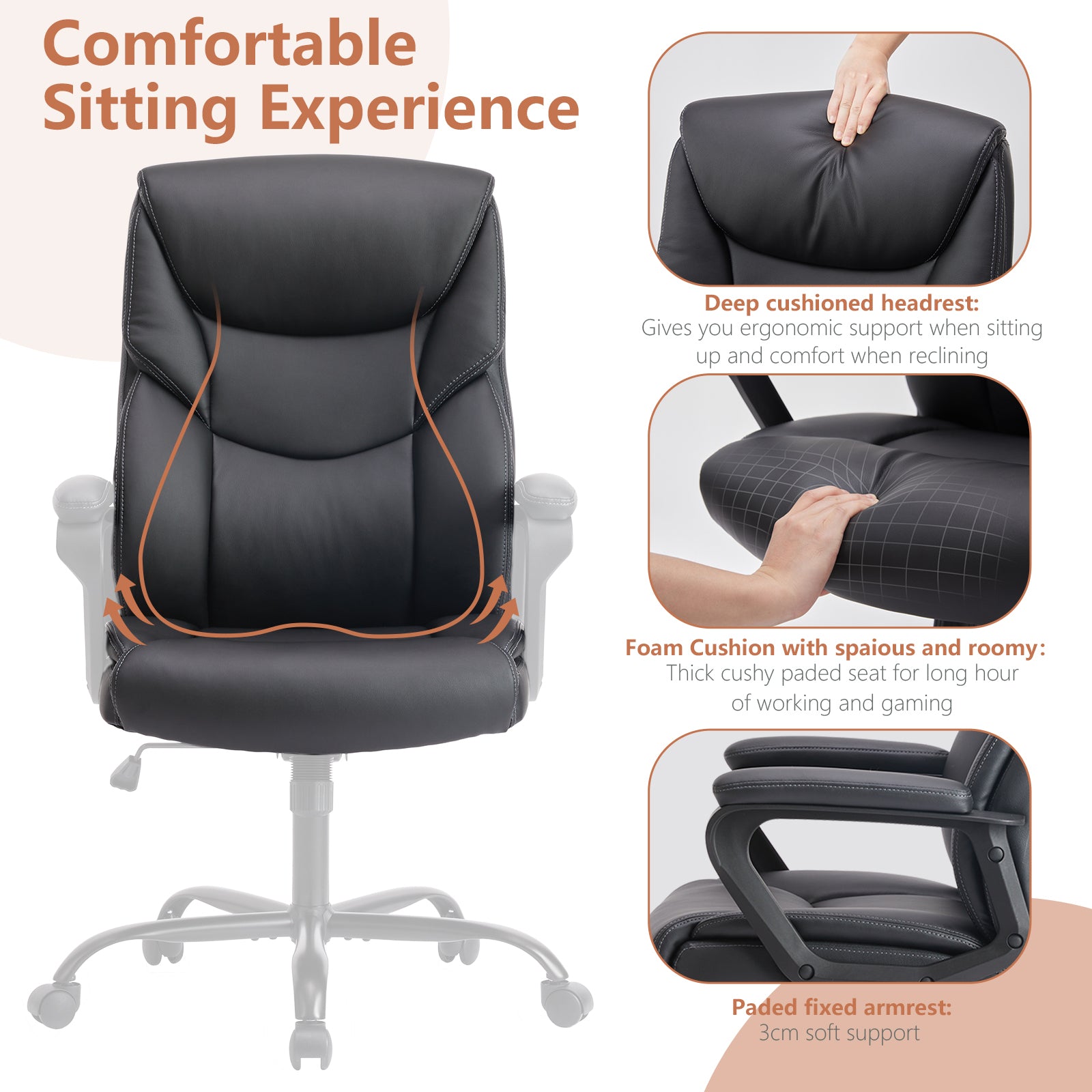 Ergonomic PU Leather Desk Chair with Armrests