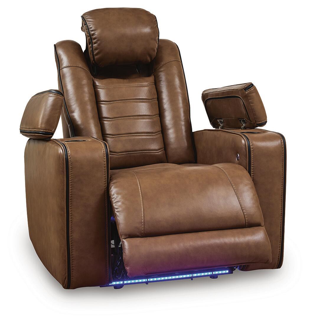 Brown power recliner chair with padded adjustable headrest and reclined seat cushion