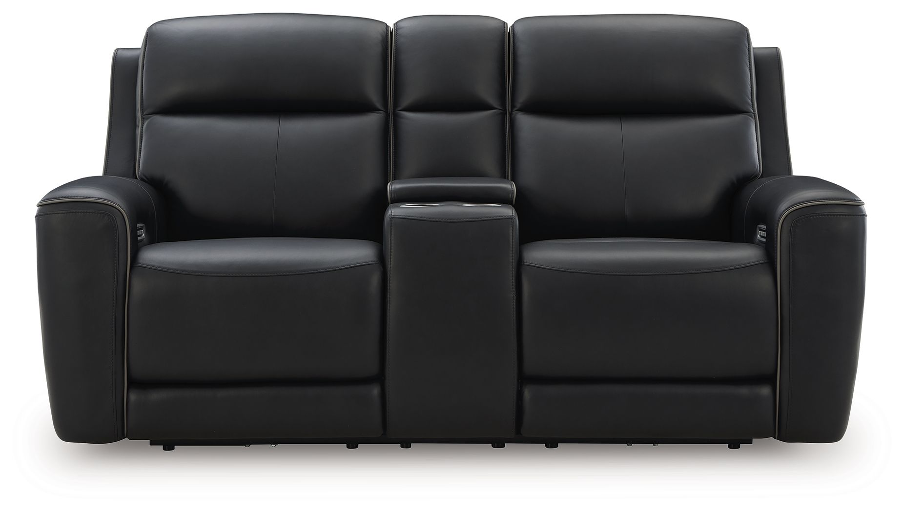 Black power reclining loveseat with console and adjustable headrest, close front view