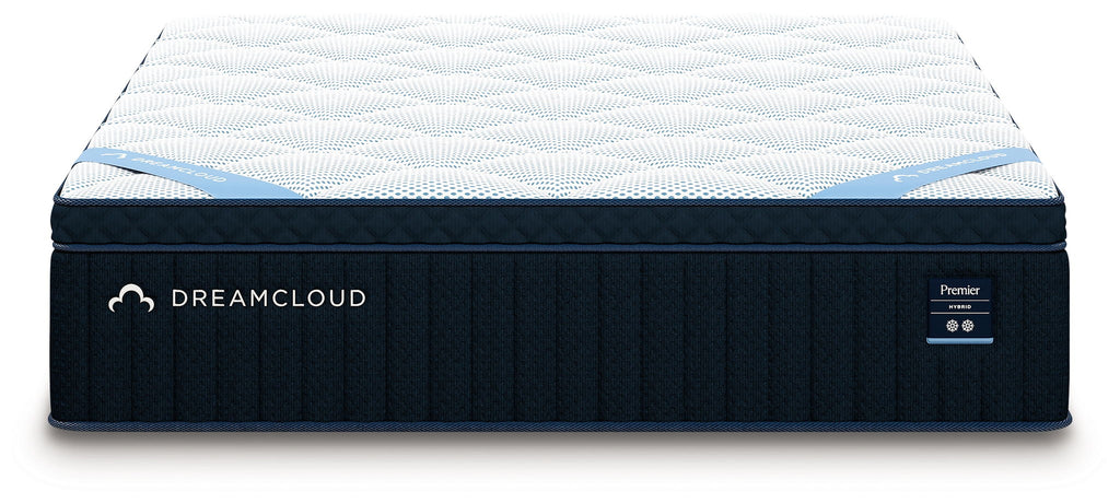DreamCloud Premier hybrid mattress with white quilted top and DreamCloud logo on dark blue side