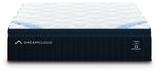 DreamCloud Premier hybrid mattress with white quilted top and DreamCloud logo on dark blue side