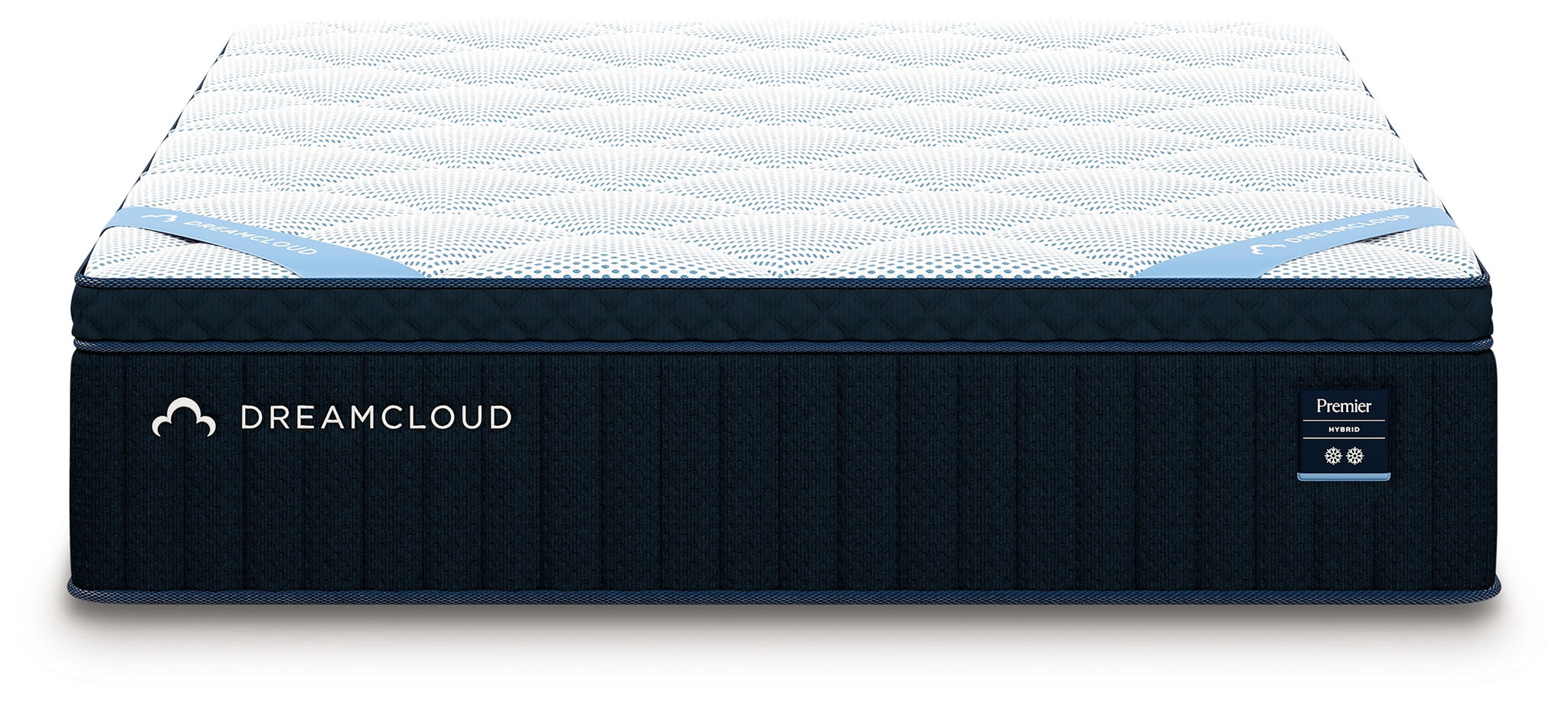 DreamCloud Premier hybrid mattress with white quilted top and DreamCloud logo on dark blue side