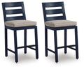 Set of 2 blue barstools with slatted backs and gray padded seats