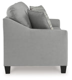 Light gray queen sofa sleeper in side view with back cushion and striped throw pillow