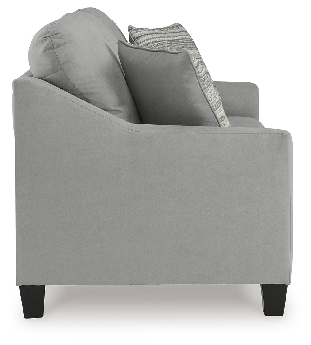 Light gray queen sofa sleeper in side view with back cushion and striped throw pillow