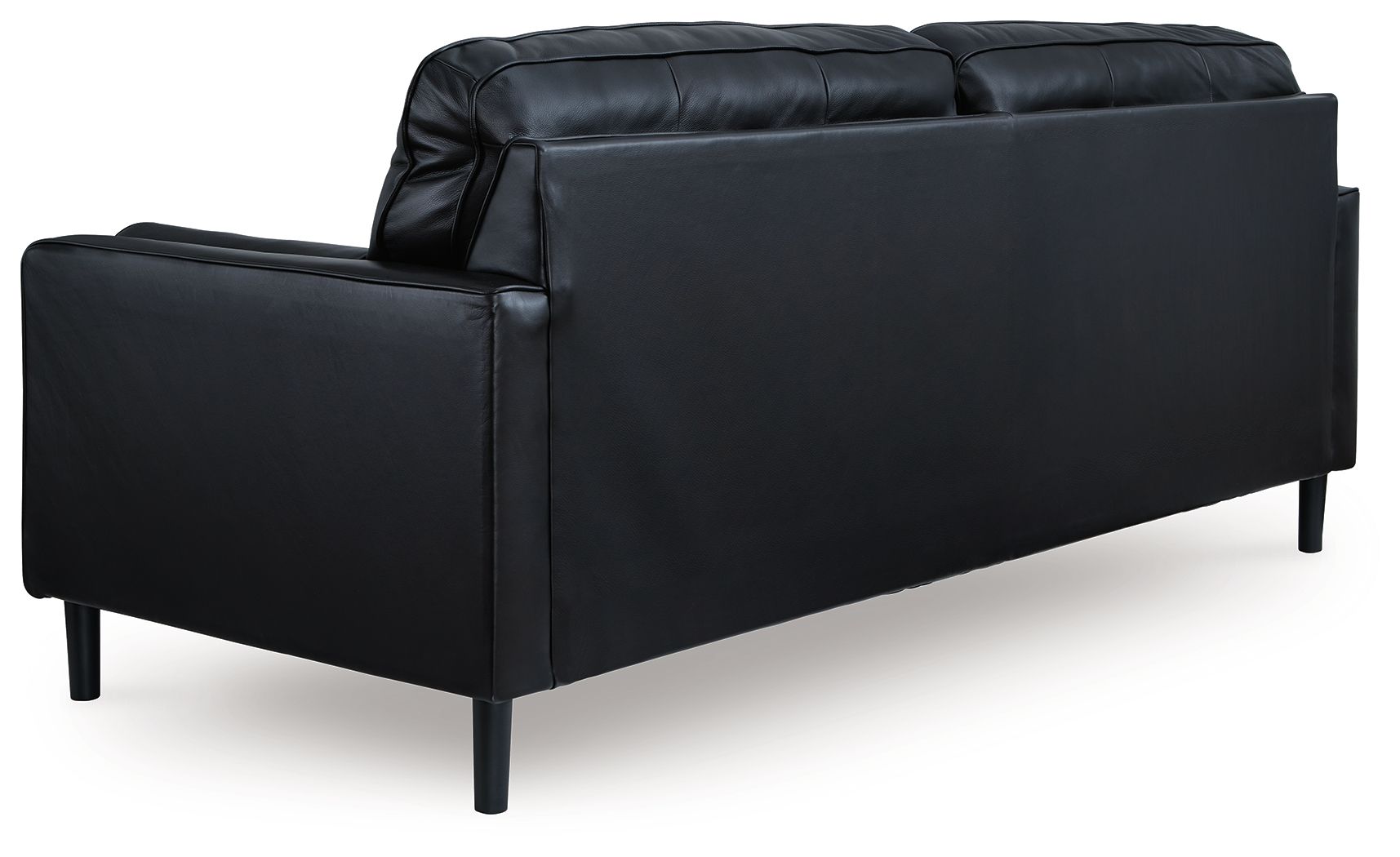 Onyx sofa side view with boxy armrests, thick cushions, and dark tapered legs