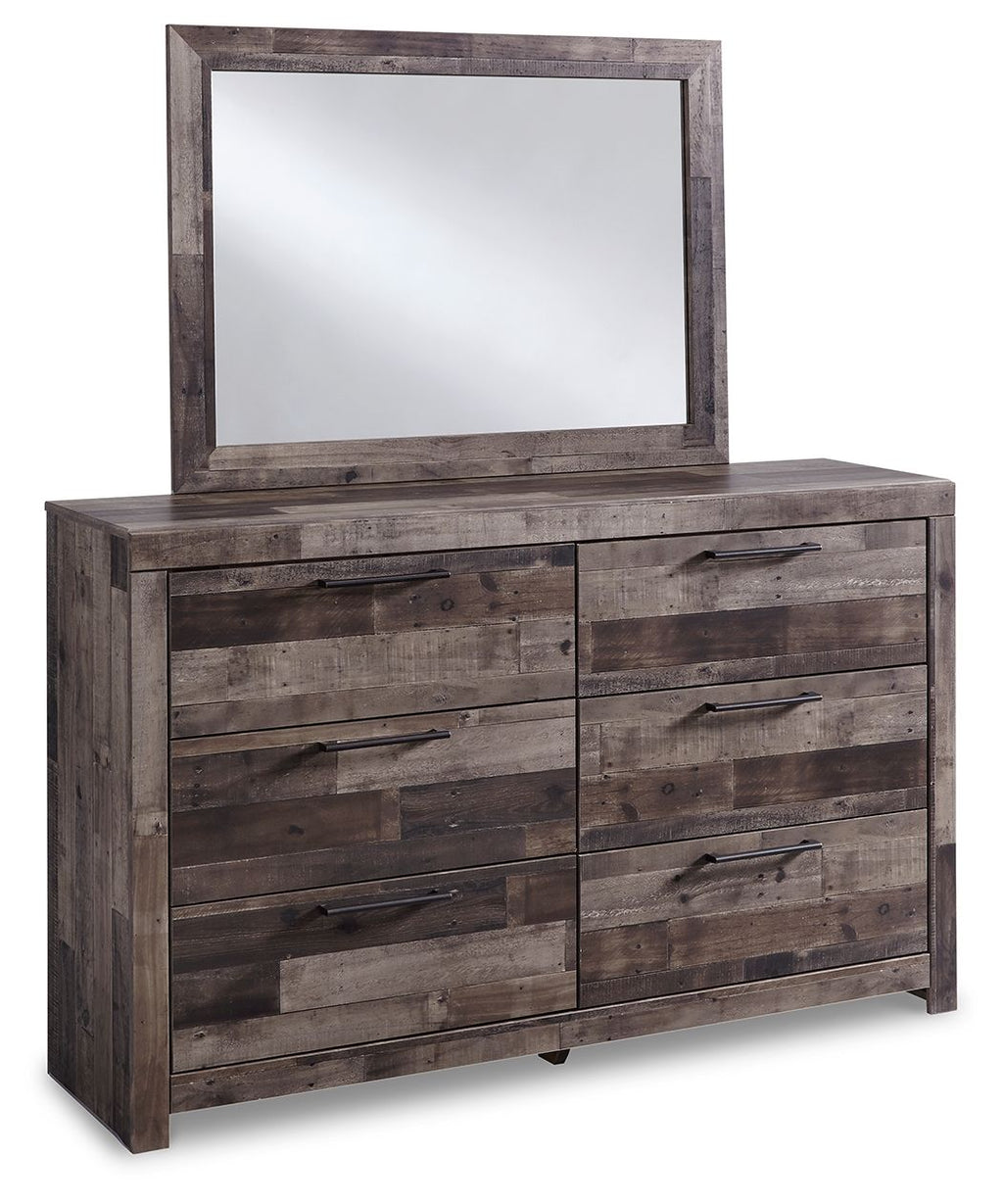 Dark gray dresser with large mirror and six drawers, wooden plank finish