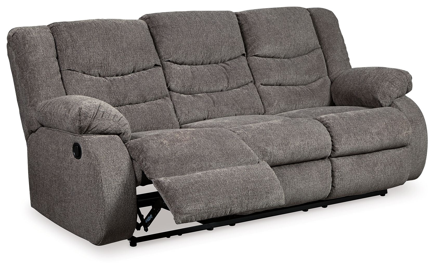 Gray reclining sofa with pull-out footrest, tufted back, and thick seat cushions