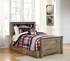 Twin bookcase bed with storage drawer, brown wood frame and plaid duvet set