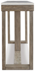 Sofa table side view with brown frame and ivory top, open lower shelf