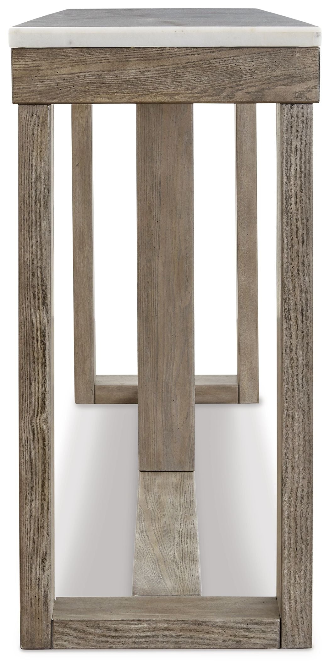 Sofa table side view with brown frame and ivory top, open lower shelf