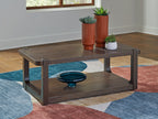 Dark brown two-tier table with open lower shelf and small items on top
