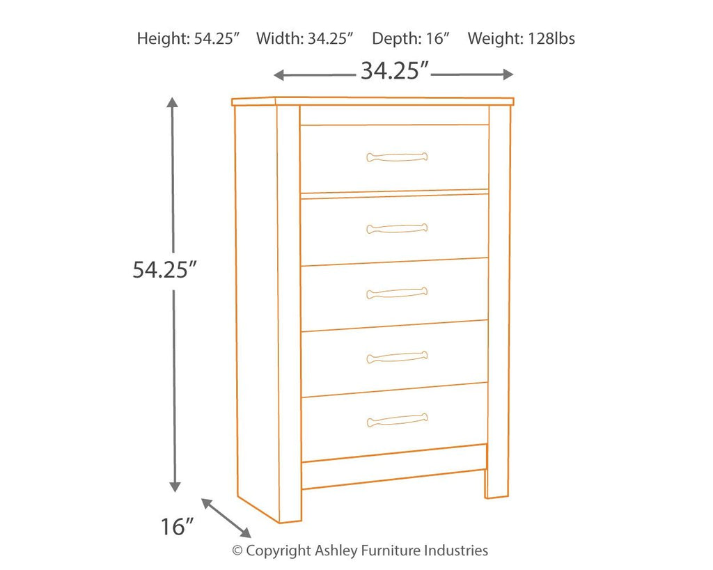 Whitewash five-drawer chest with metal bar pulls, front view