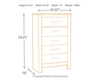 Whitewash five-drawer chest with metal bar pulls, front view