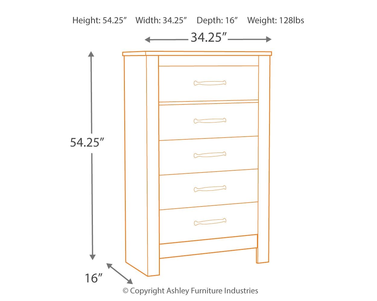 Whitewash five-drawer chest with metal bar pulls, front view