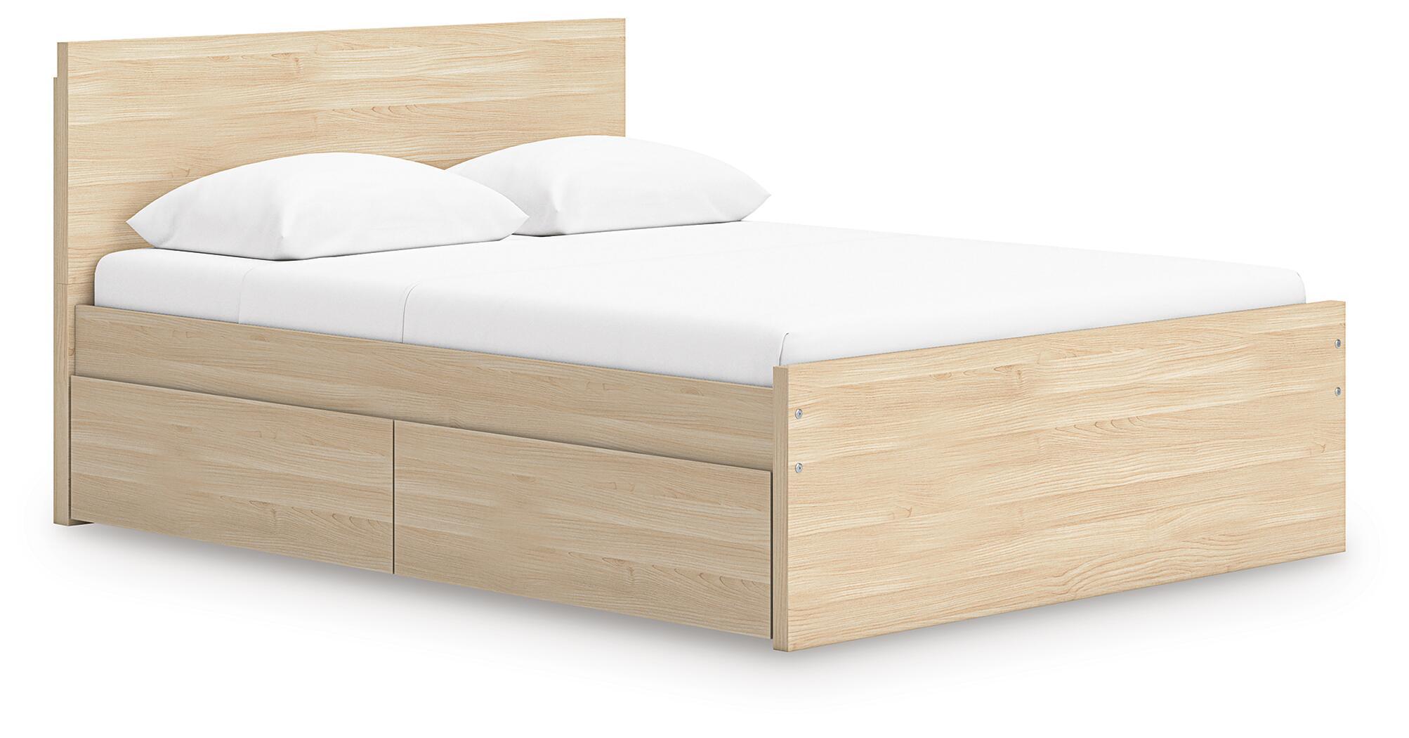 Light brown panel platform bed with underbed drawers and tall headboard, slat support included