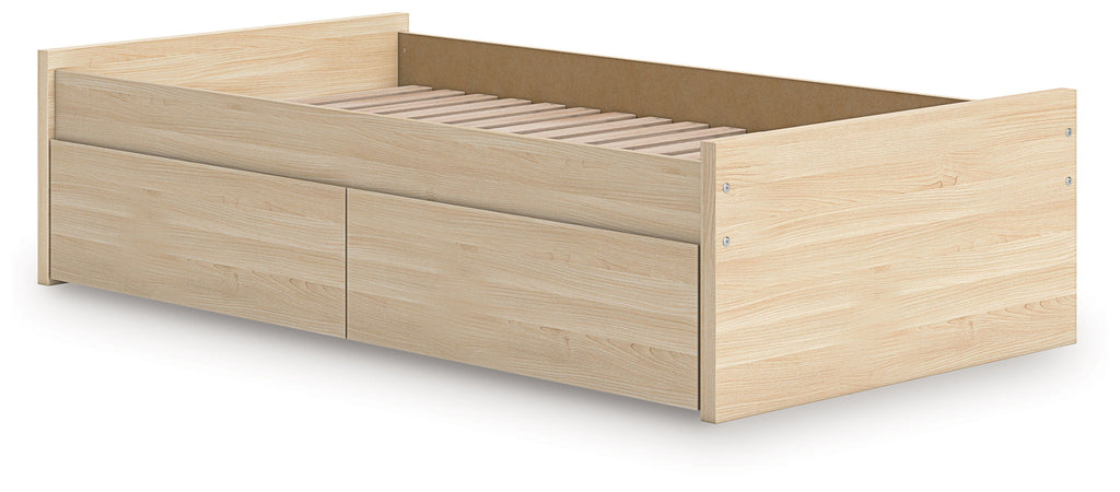 Light brown platform bed frame with two front storage drawers and slatted base