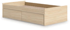 Light brown platform bed frame with two front storage drawers and slatted base