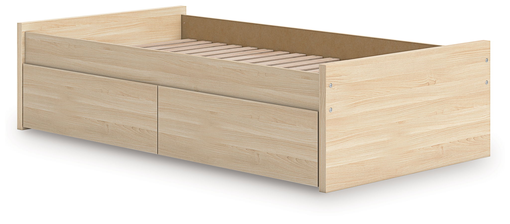 Light brown platform bed frame with two front storage drawers and slatted base